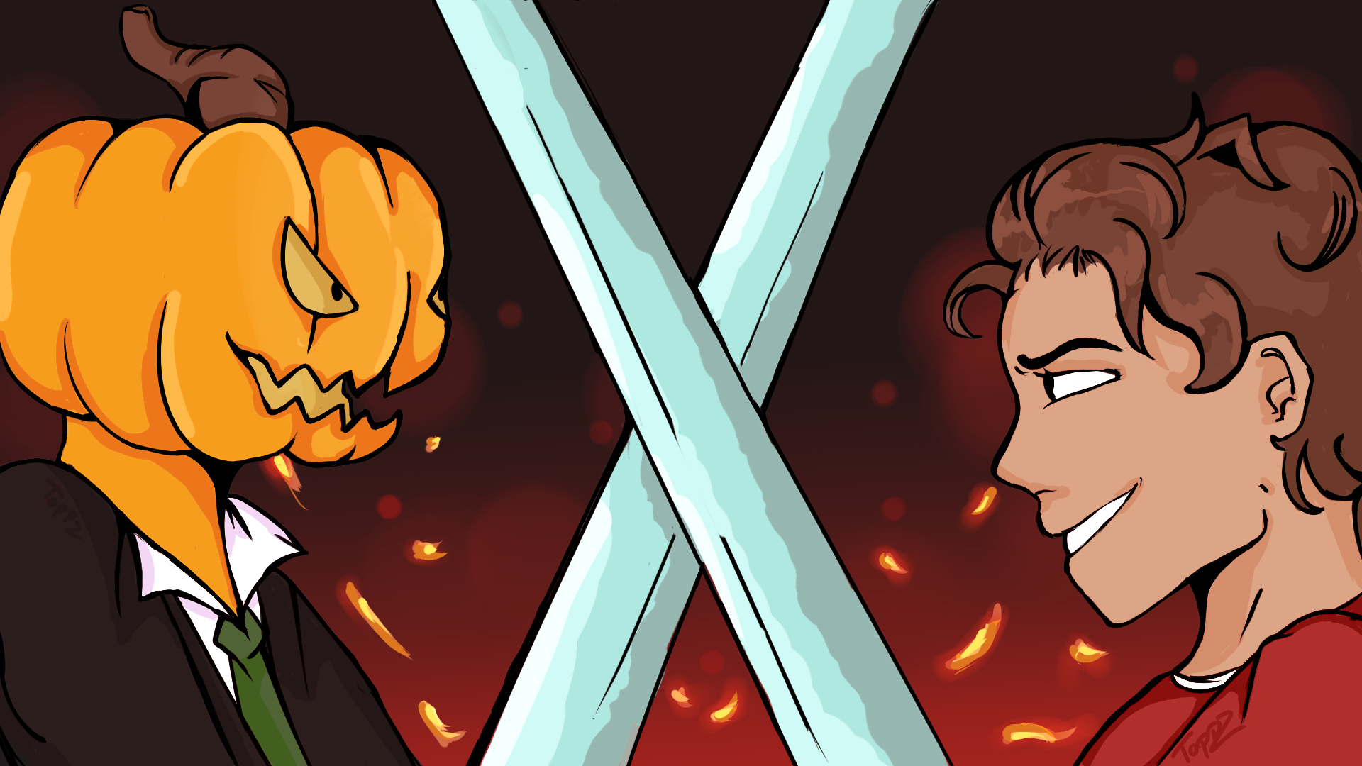 AdriMark's character, a man with a jack o' lantern head in a black suit with a green tie, and SMT Mark, a white male with short flowy brown hair and a red shirt, are on opposite sides of the image. In the middle, the character's blue diamond swords clash against eachother.