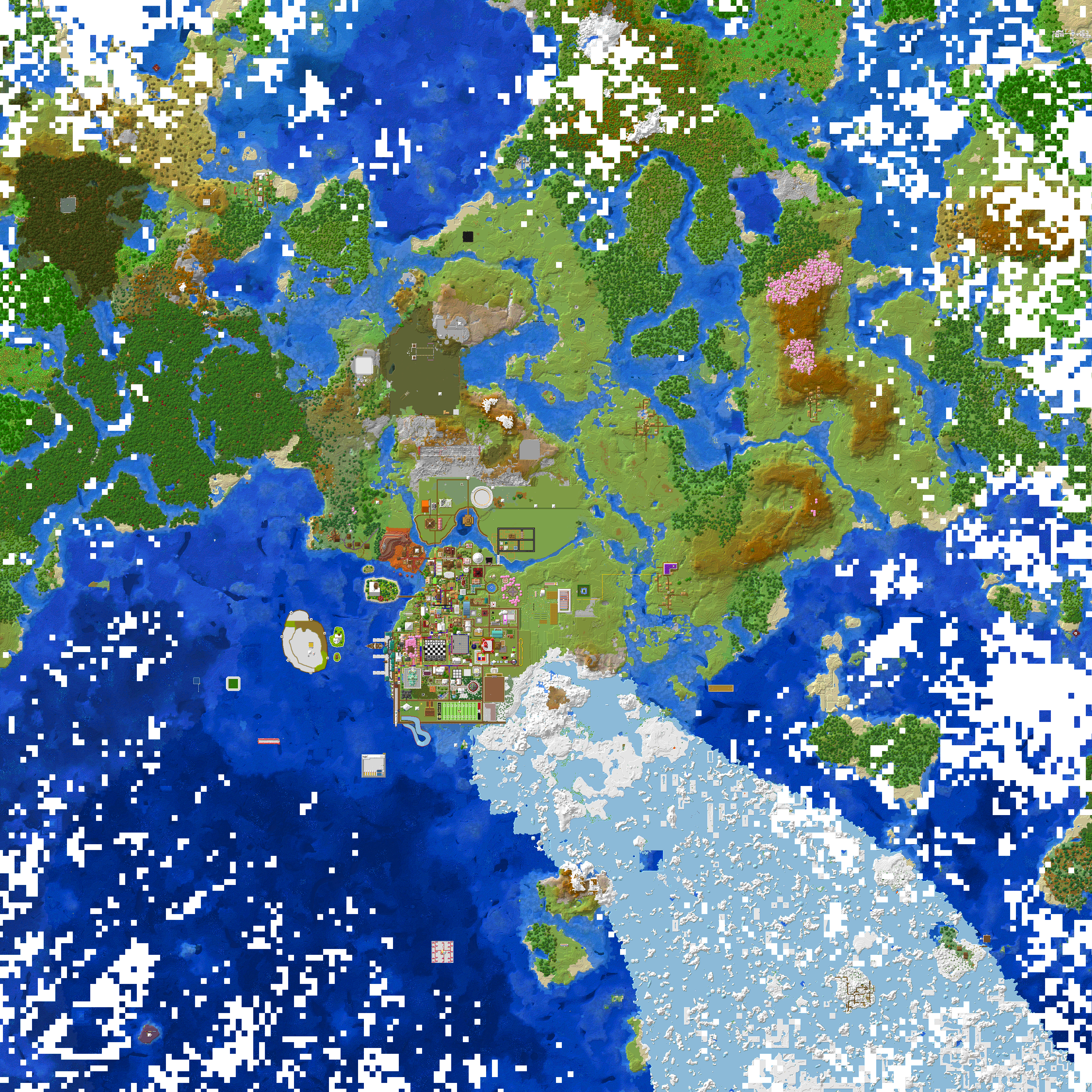 An image of the MarkCraft world map. The map shows all the different biomes around the world spawn, aswell as the very colorful town itself. Zooming in reveals all the seperate roads and building in the town.